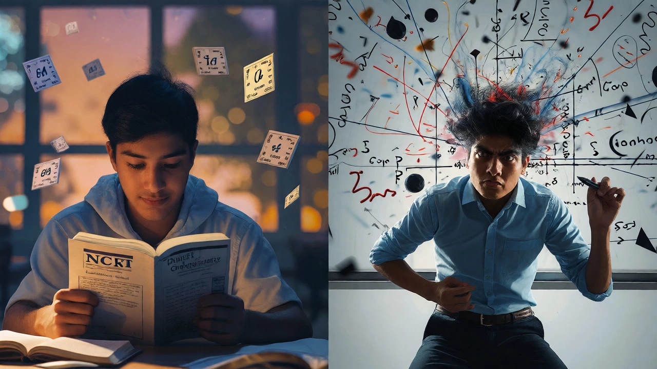 Split screen contrasting calm Chemistry study with intense Math problem solving