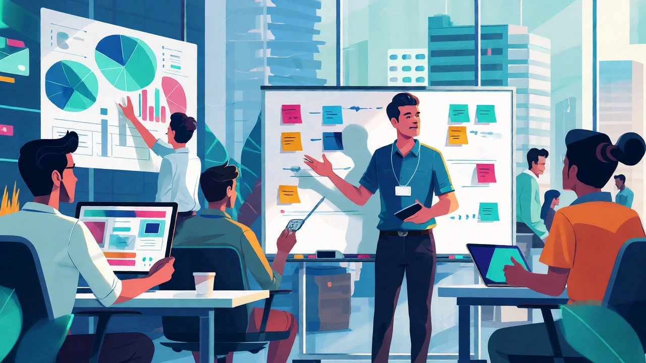 Team collaborating on agile projects in a modern office