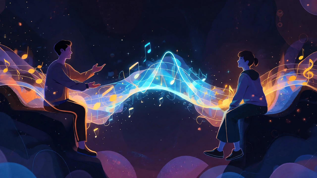 Two people connected by a glowing bridge of sound waves representing online language exchange